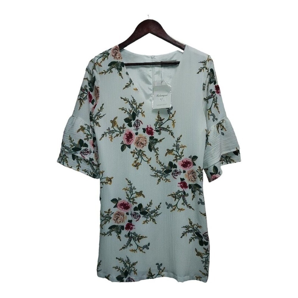 NWT Belongsie Floral Shift Dress Mint Green Bell Sleeve Romantic Cottagecore SzM